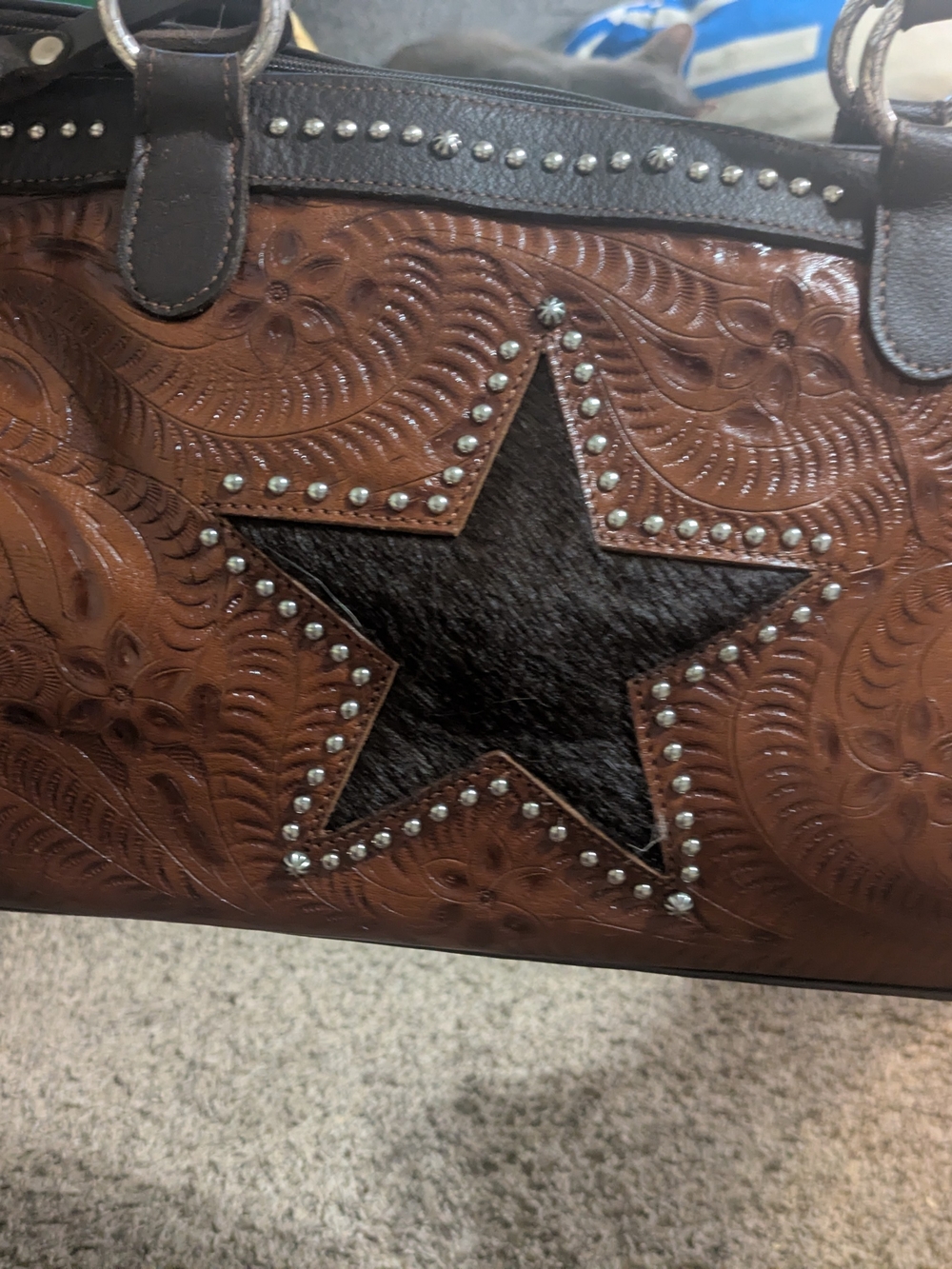 Brown Tooled Leather Star With Fur Accent Tote - American West